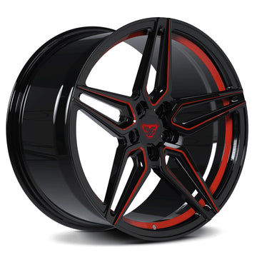 Custom forged 5-star black wheel with red accents, ideal for Porsche Panamera aftermarket upgrades.